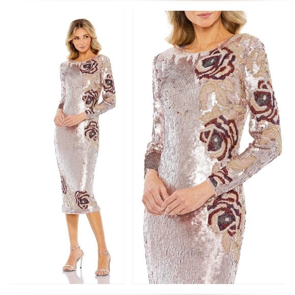 Mac Duggal 93624 NWT Sequin Asymmetrical Floral Long Sleeve Midi Dress - Picture 7 of 7